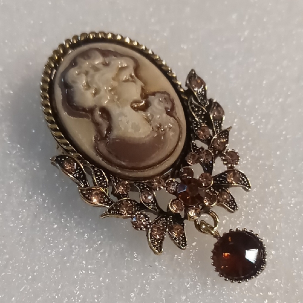 Vintage Style Elegant Cameo Brooch with Gold and Brown & Amber Accents.